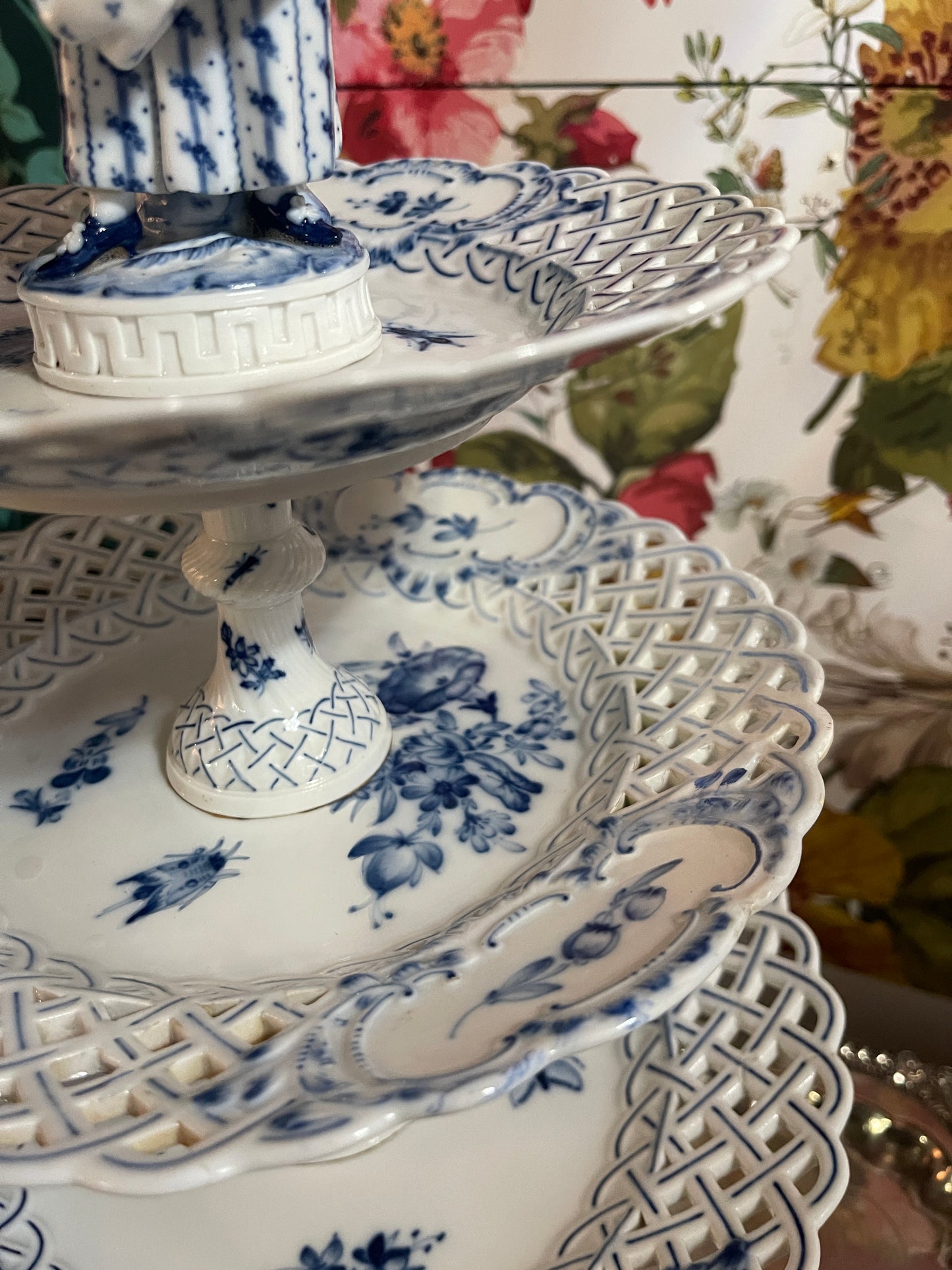 Antique Meissen Figural 3-Tier Blue & White Server with Lady Finial | Rare Porcelain Tiered Tray | 22” Tall