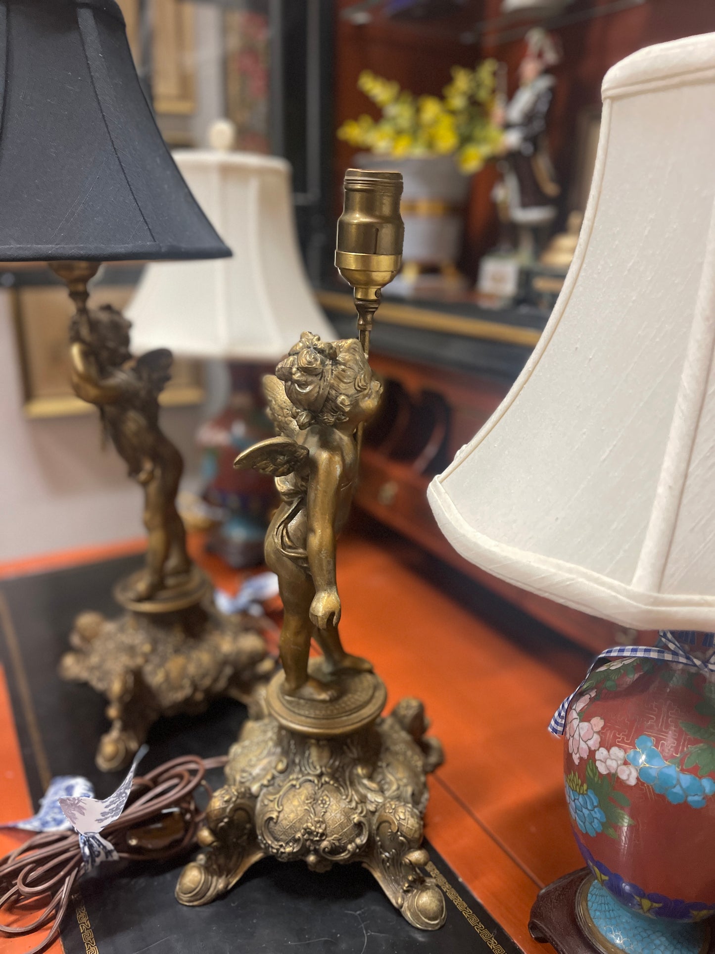 Antique French Gilt Spelter Figural Cherub Lamp, Late 19th Century, Two Available 

Two Available