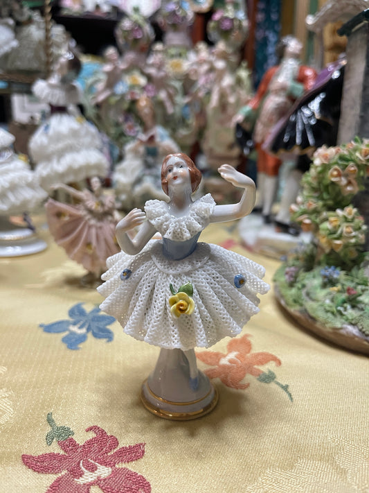 German Porcelain Dresden-Style Lace Dancer Figurine | Vintage European Porcelain in Light Blue and White