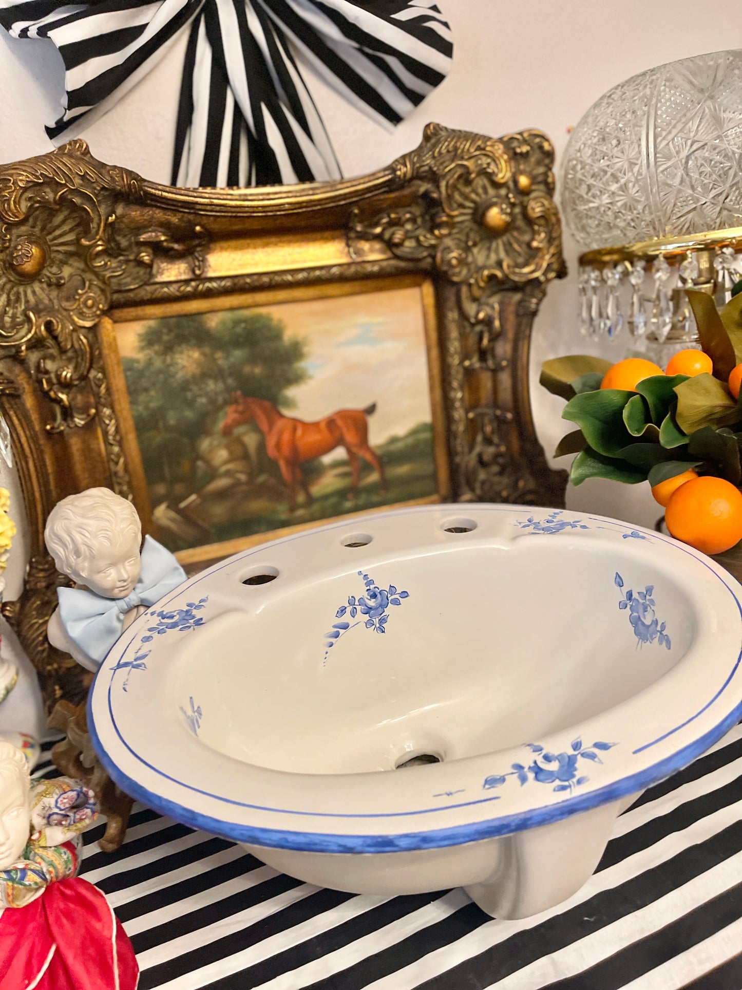 Blue and White Vintage Porcelain Vanity Sink, Hand Painted