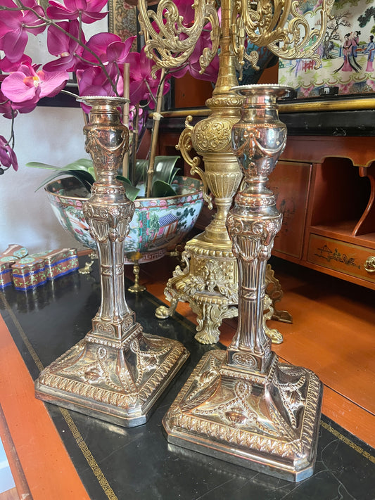 Antique Walker and Hall Sheffield Neoclassical Empire Silverplate Candlesticks, Perfectly Patinaed Copper