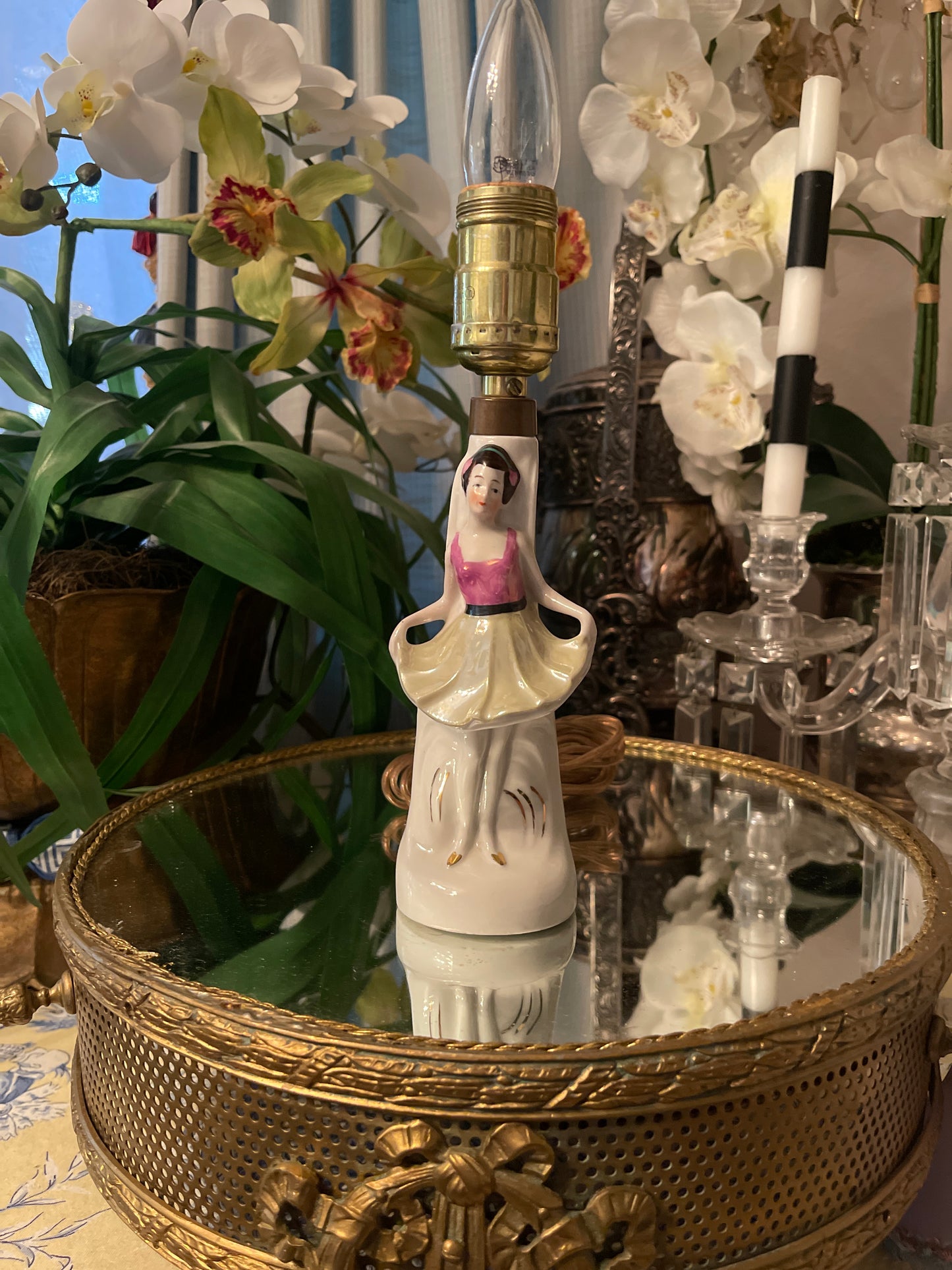 Vintage German Ballerina Lamp with Shade, Romantic Petite Porcelain Vanity Lamp, Round Top Find