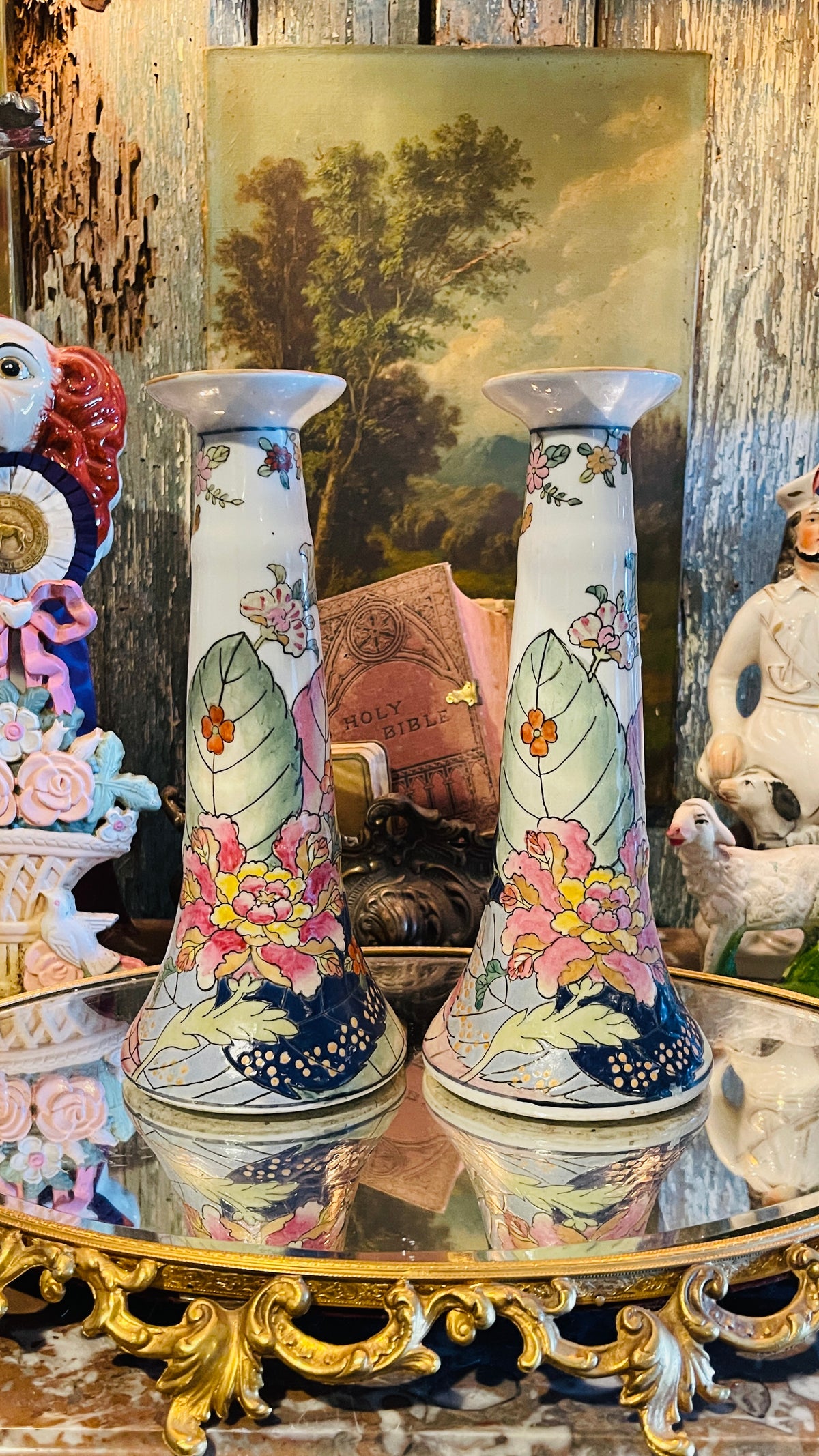Vintage Tobacco Leaf Candlesticks, Pair | Chinoiserie Candleholders | 9.75” Tall