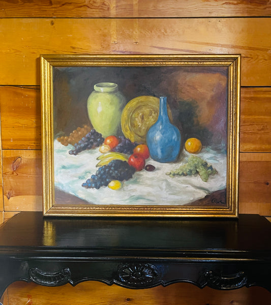 Vintage Fruit Still Life Painting with Blue and Green Vases, Framed