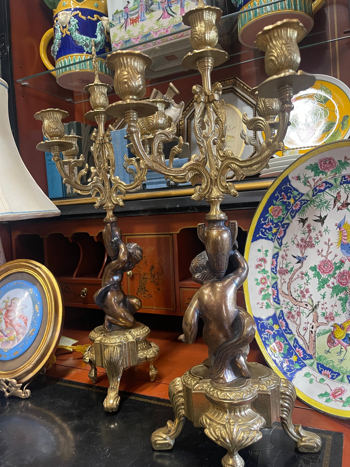 Pair of Vintage Italian Putti Candelabras – Gilt Bronze, Rococo Elegance