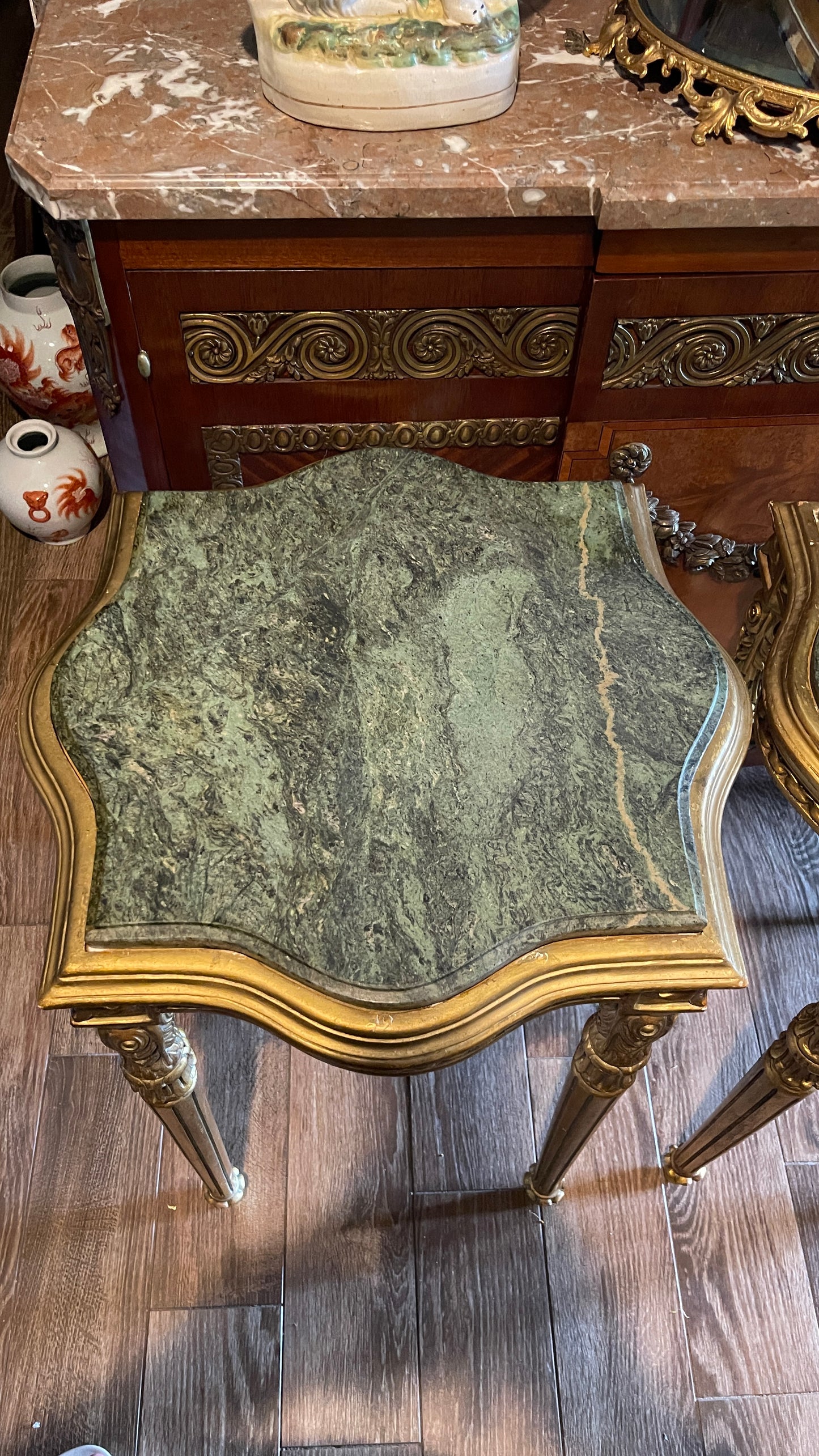 Pair of Giltwood Side Tables with Green Marble Tops | Louis XVI Style Accent Tables, Vintage, Estate Sourced