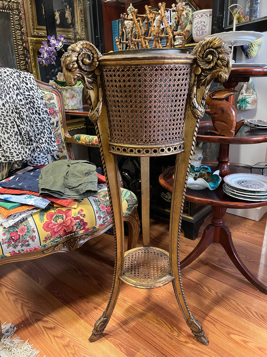 19th Century French Neoclassical Giltwood Jardinière Stand with Ram’s Heads and Cane Work