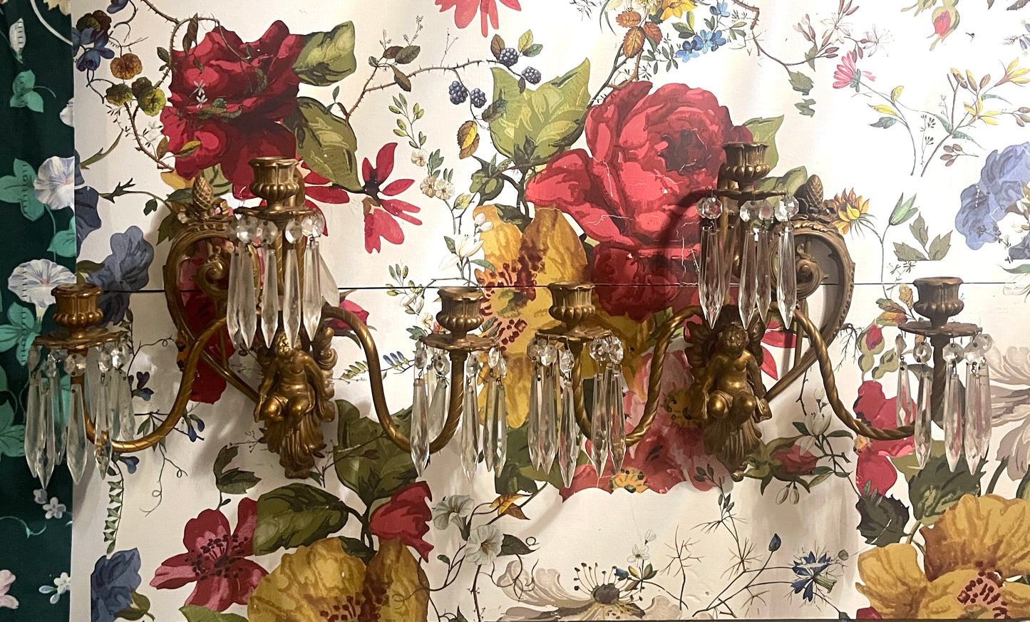 Antique Victorian Putti Wall Sconces With Crystal Prisms — Ornate Brass Cherub Candle Sconces (Pair)