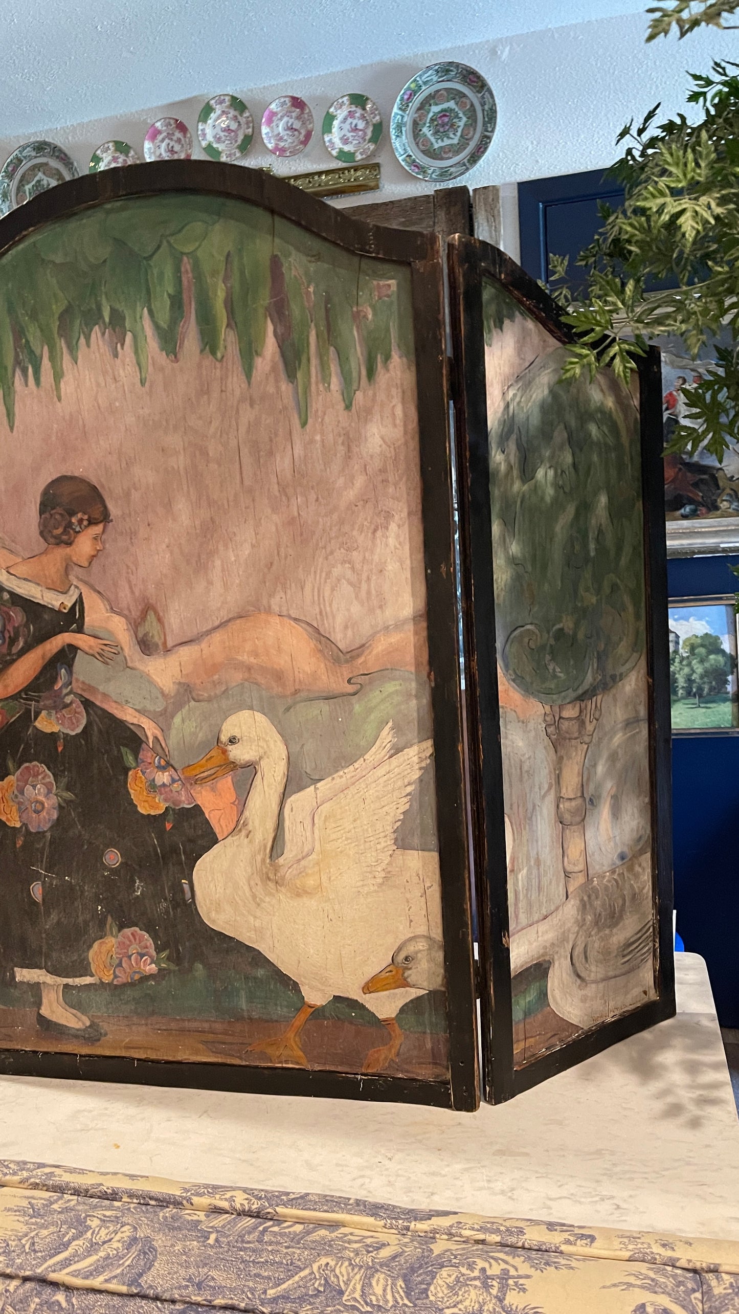 Early 20th Century Hand-Painted Storybook Fireplace Screen with Girl & Geese
