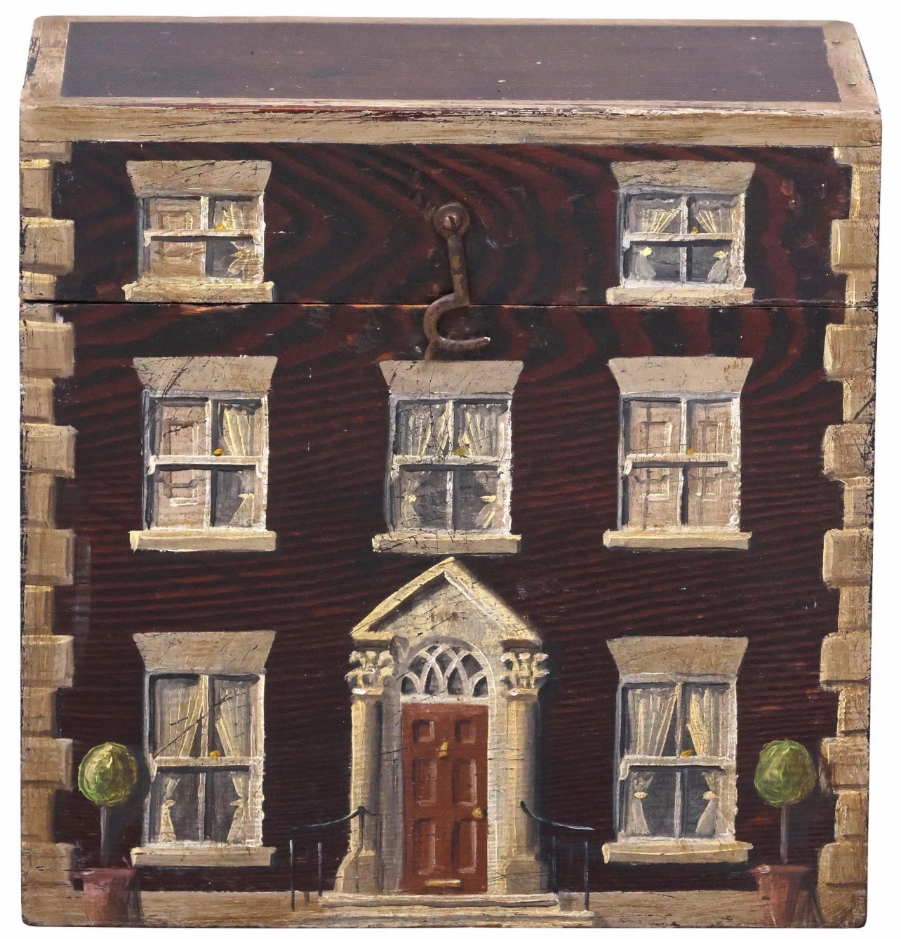 19th Century English Paint-Decorated Table Box with Topiaries, Georgian Townhouse Façade | English Folk Art Storage Box