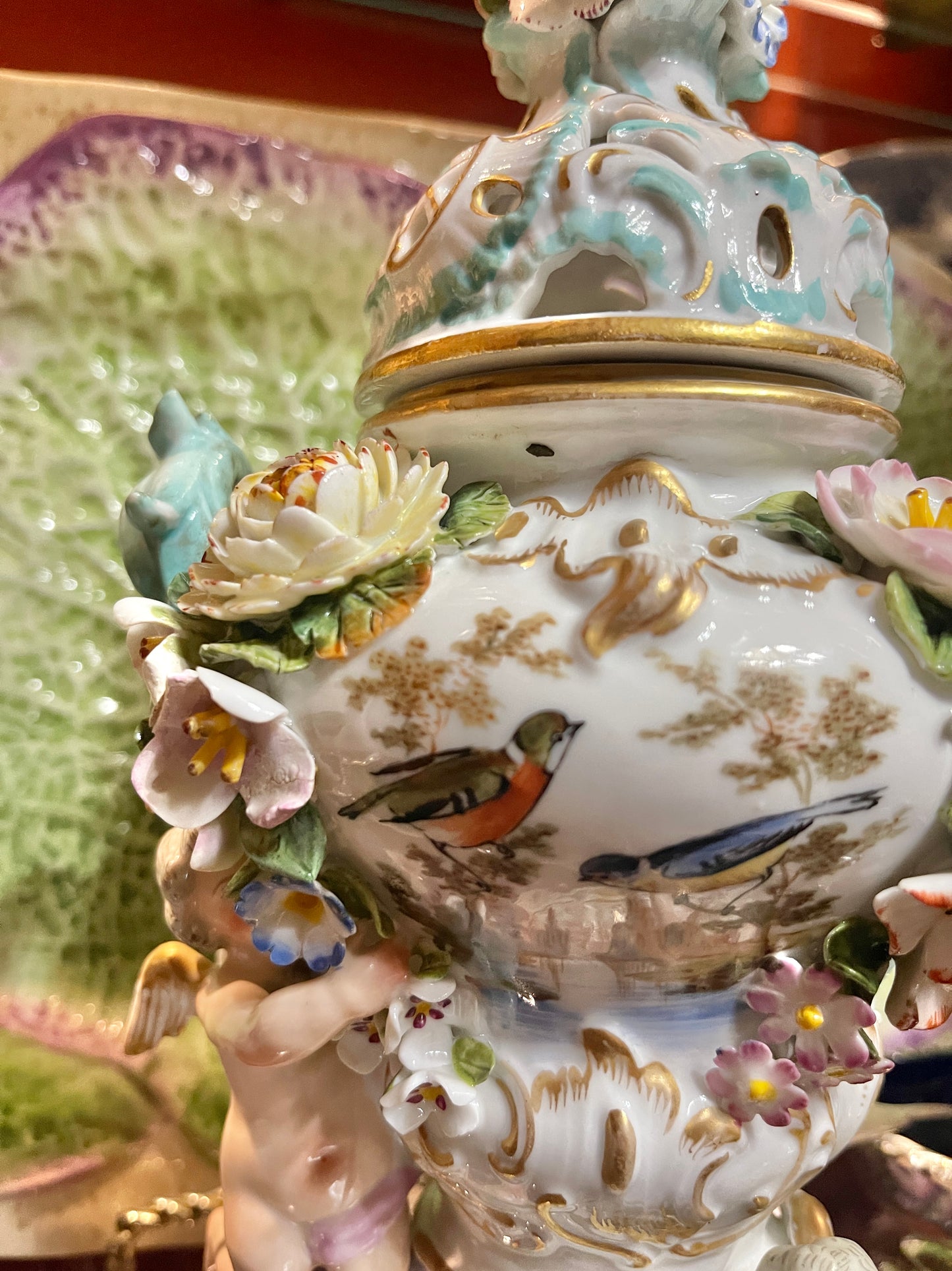 Antique Meissen Potpourri Urn with Cherubs | Bird Scene Porcelain | Floral Encrusted | 11.5”