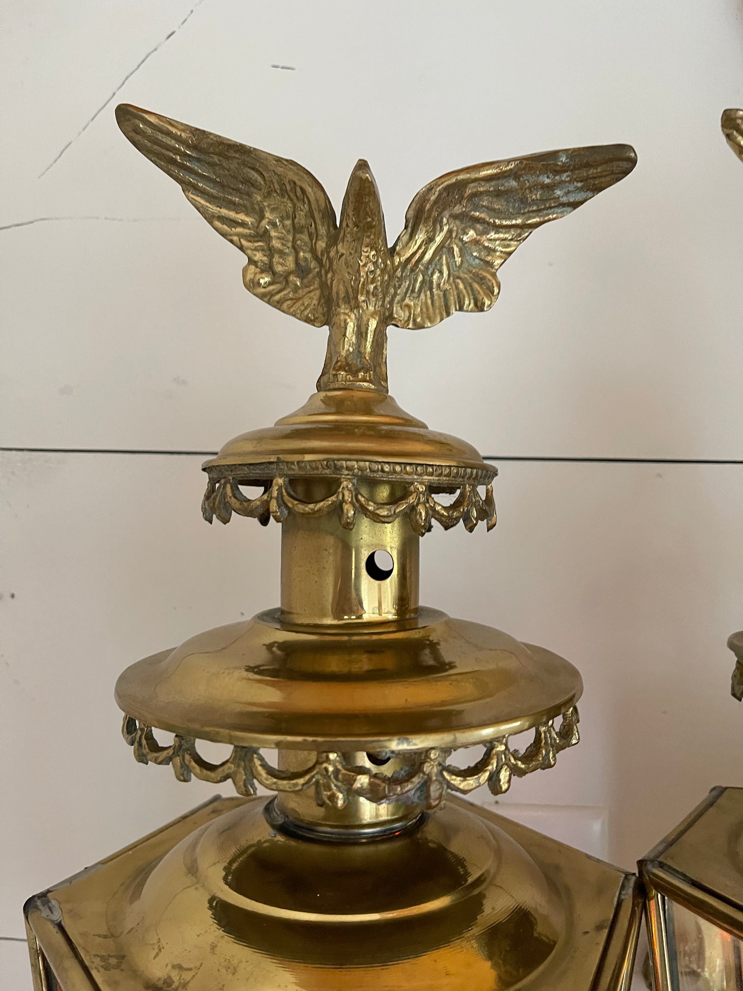 Pair of 20th Century Federalist American Brass Lanterns with Eagles