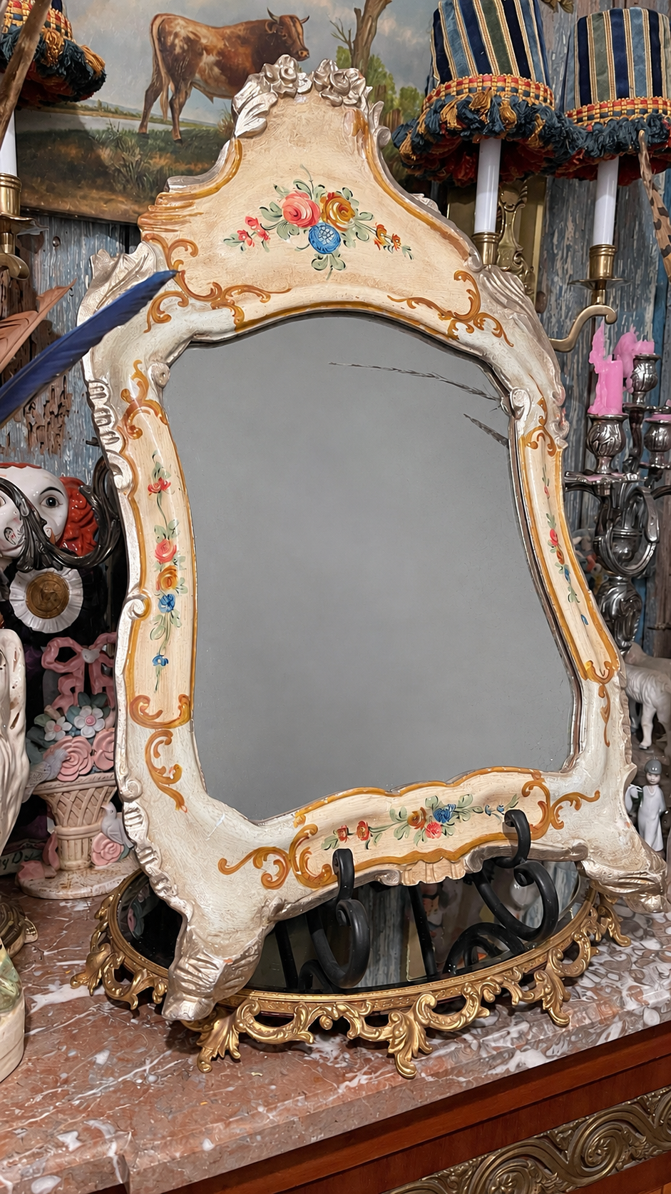 Antique Carved Wood Mirror with Hand-Painted Florals, Gilt & Silver Details