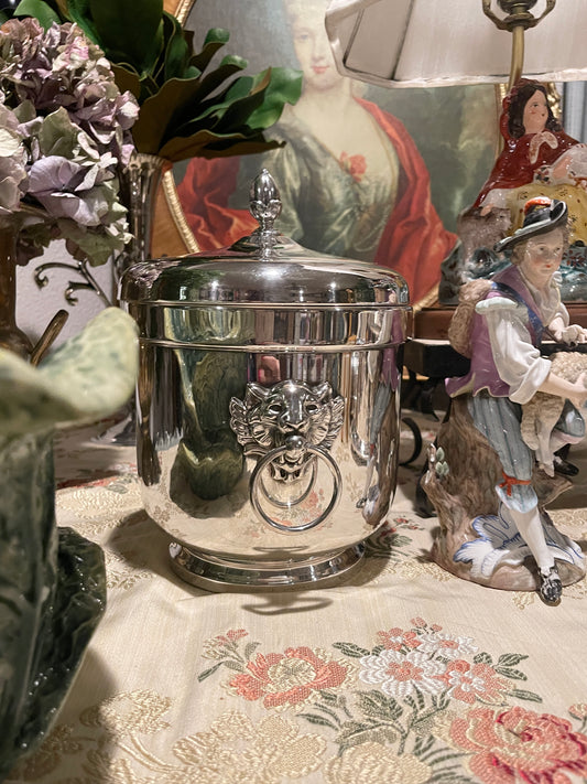 F.B. Rogers Silver Plate Ice Bucket with Lion Head and Ring Handles, Original Liner, C. 1950s