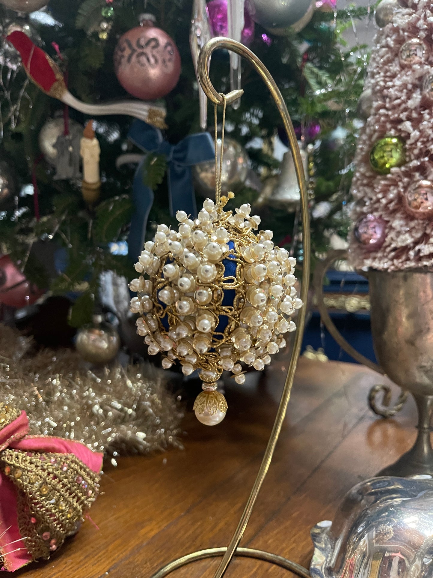 Vintage Blue and White ‘Pearl’ with Gold Push Pin Christmas Ornament