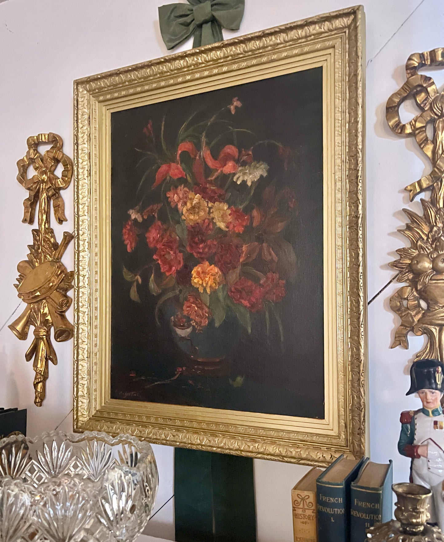 Moody Antique Floral Still Life Painting, Oil on Linen, Signed, Ornate Gold Frame