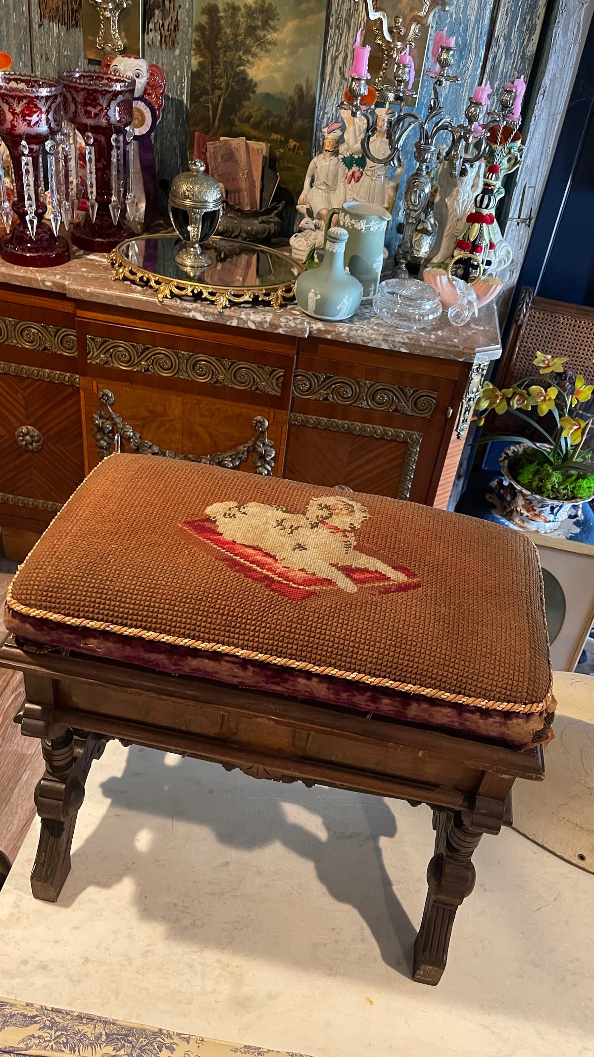 Antique Eastlake-Style Dog Needlepoint Storage Bench