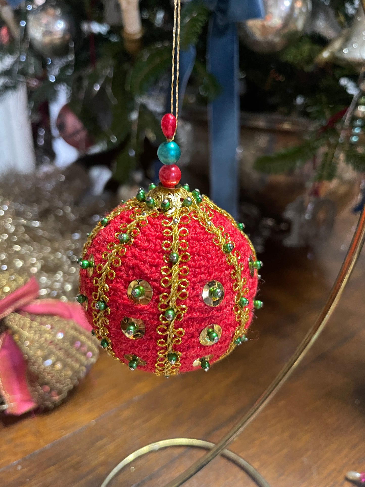 Red Knit Push Pin Christmas Ornament, Vintage