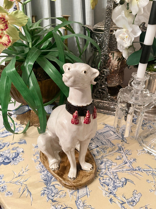 Vintage Whippet Statue with Tasseled Collar, Majolica Style, Hand Painted