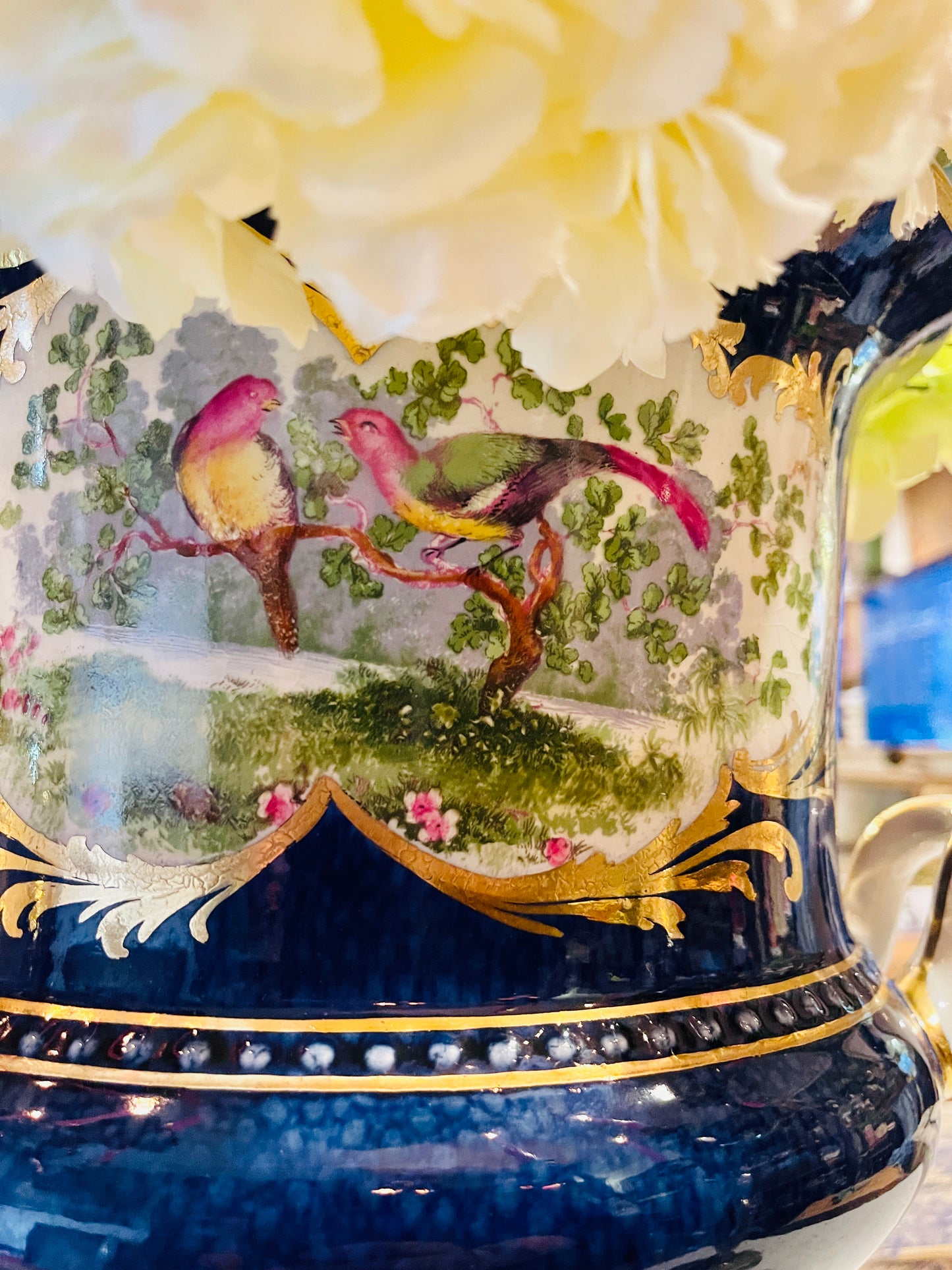 Large French-Style Cobalt Porcelain Urn Cachepot with Hand-Painted Birds
