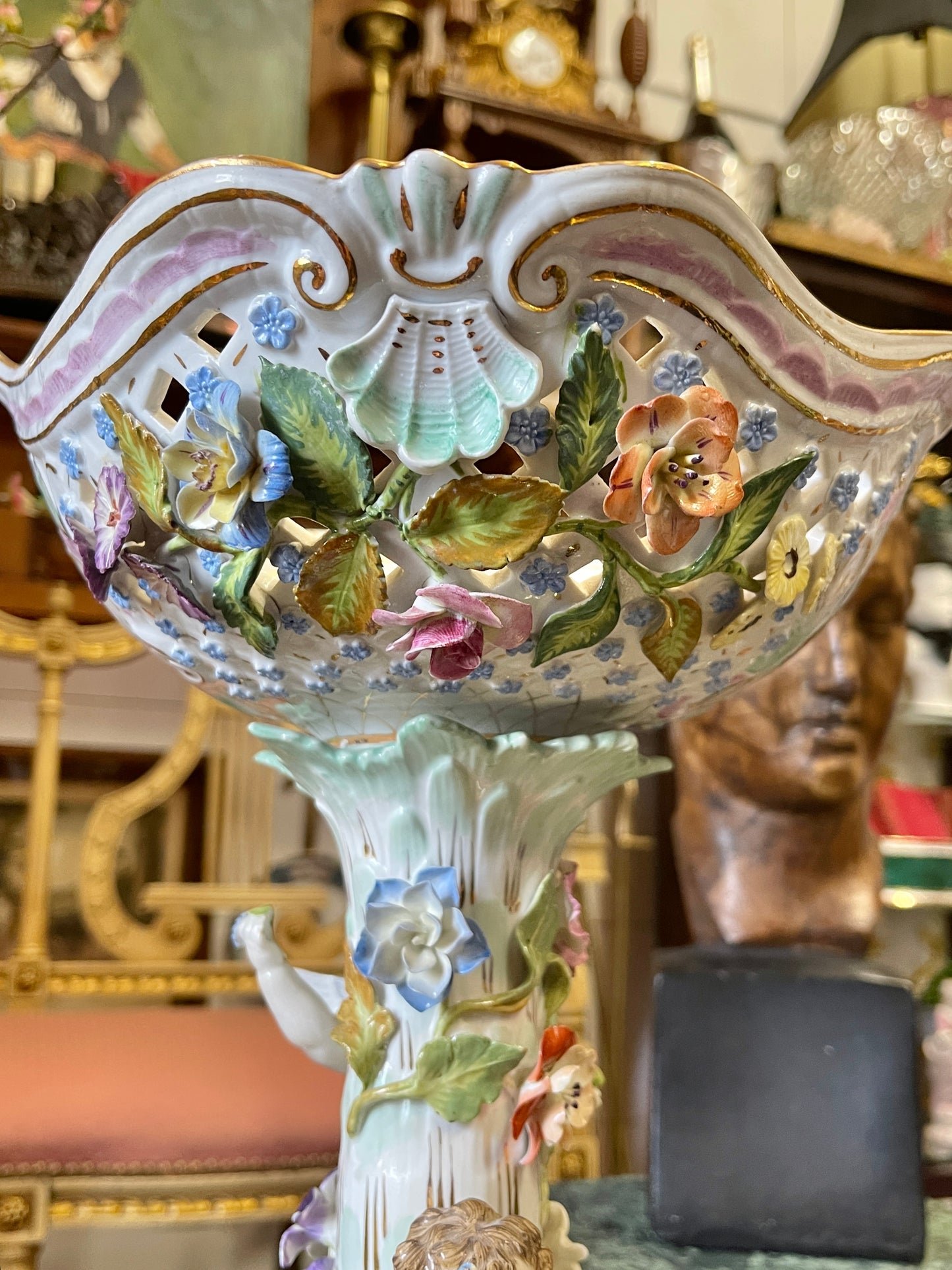 Antique Dresden Sitzendorf Figural Compote | 14” Rococo Cherub Centerpiece with Applied Flowers | c. 1900