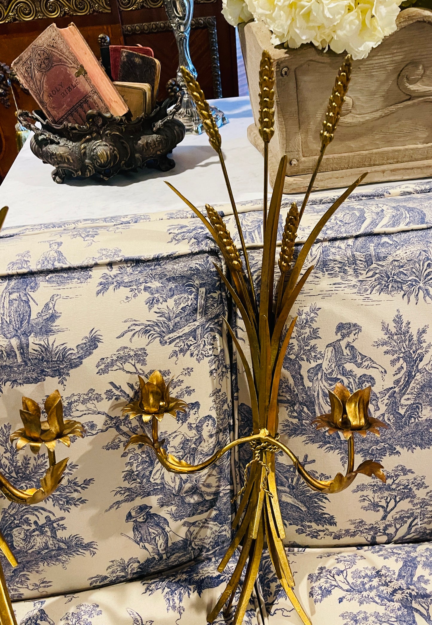 Vintage Italian Gilt Tole Wheat Sheaf Wall Sconces, Pair- Round Top Find