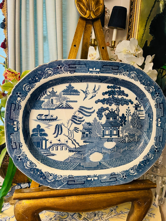 Antique English Blue Willow Platter – 20” Deep Cobalt Transferware Dish | Vintage Octagonal Serving Plate | Willow Pattern China