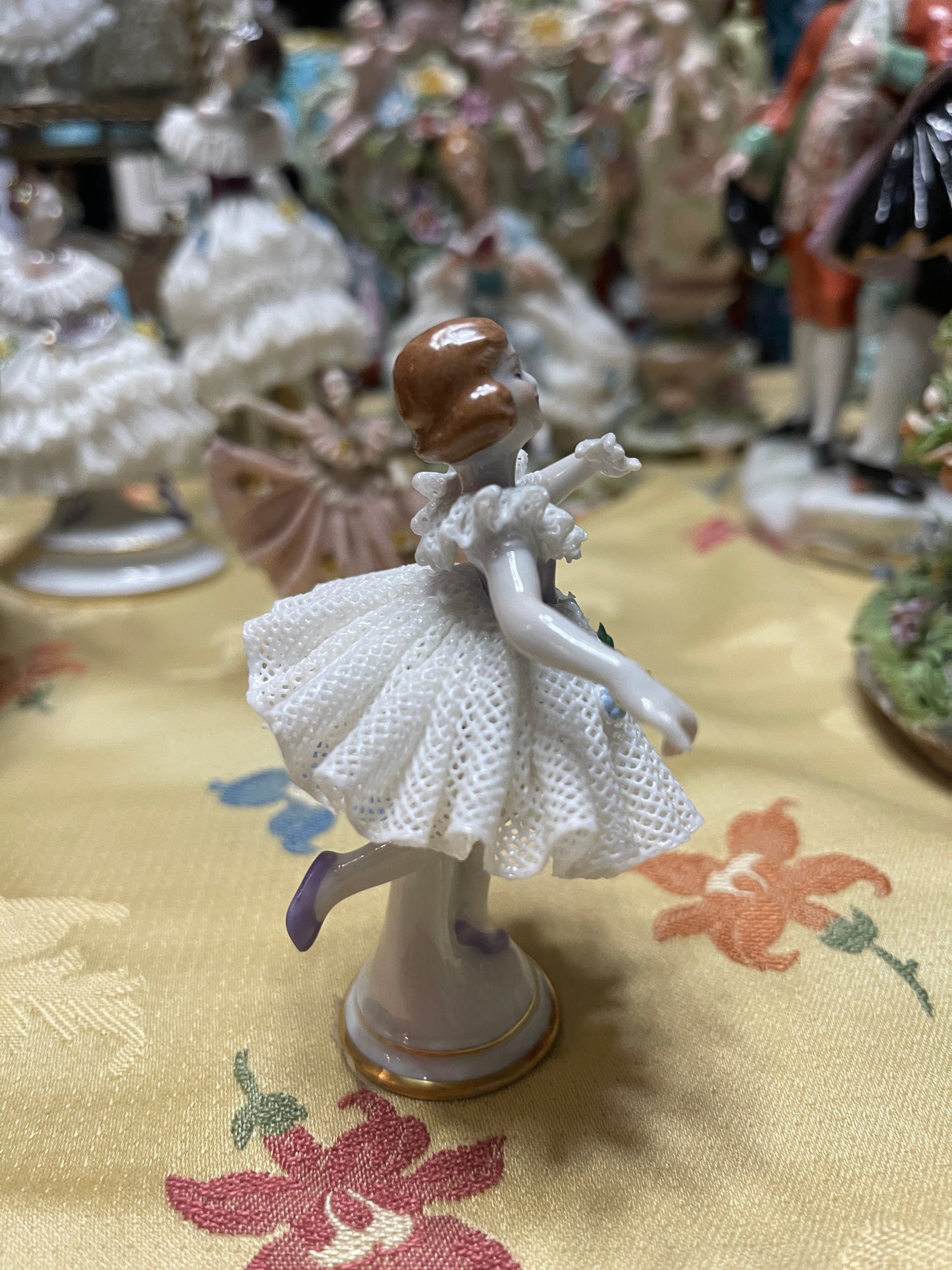 Sweet German Porcelain Dresden-Style Lace Dancer Figurine | Vintage European Porcelain | Applied Flowers