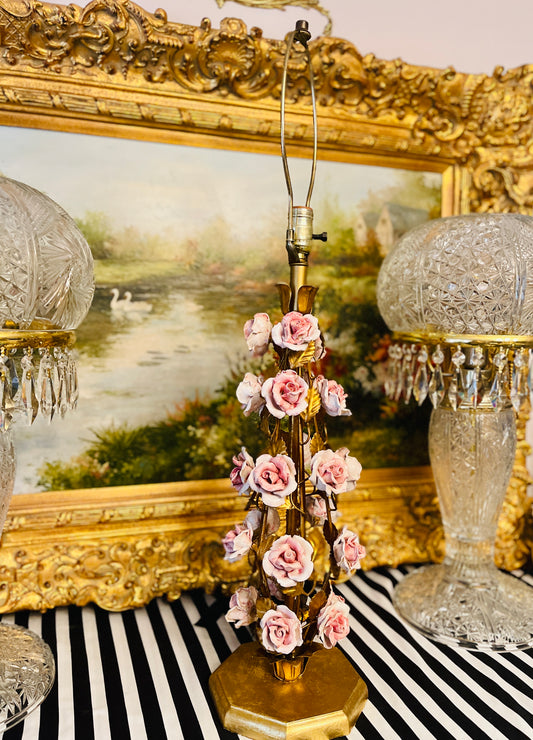 Vintage Italian Gilt Tole Lamp with Pink Porcelain CAPOdimonte Roses
