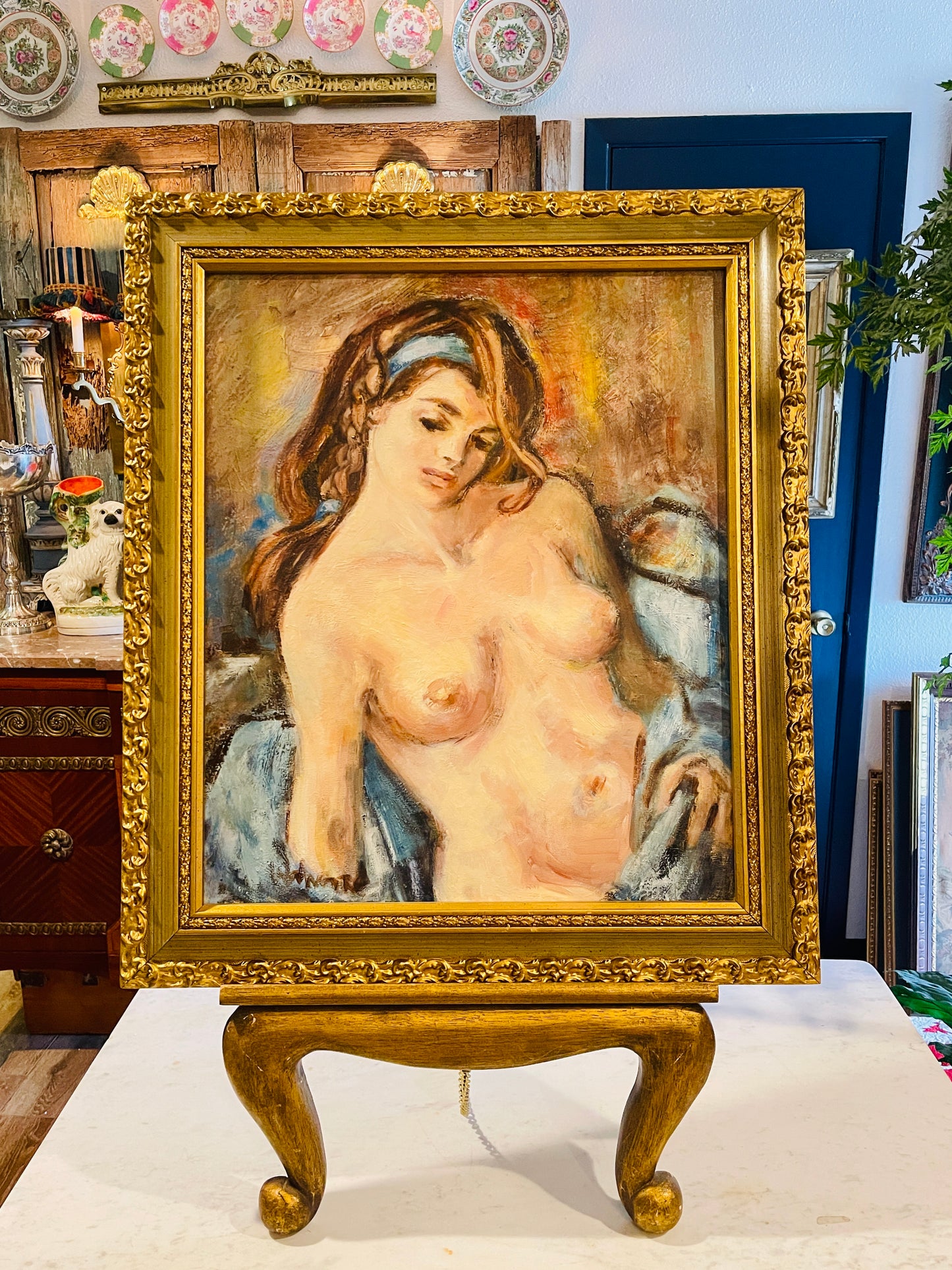 Vintage Female Nude Oil Painting in Ornate Gilt Frame | Expressive Figure Study, Signed
