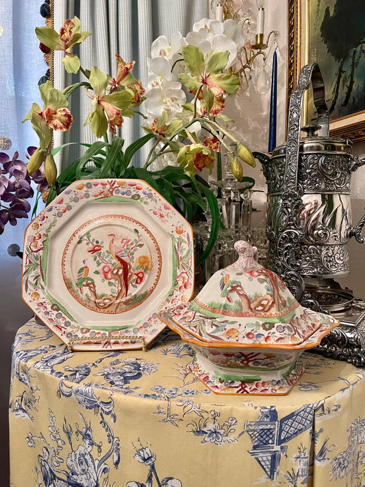 Antique Chinoiserie Birds of
Paradise Lidded Dish and Underplate by Ashworth
Bros. Hanley, Staffordshire England, Mason's Ironstone, Chinoiserie Chic