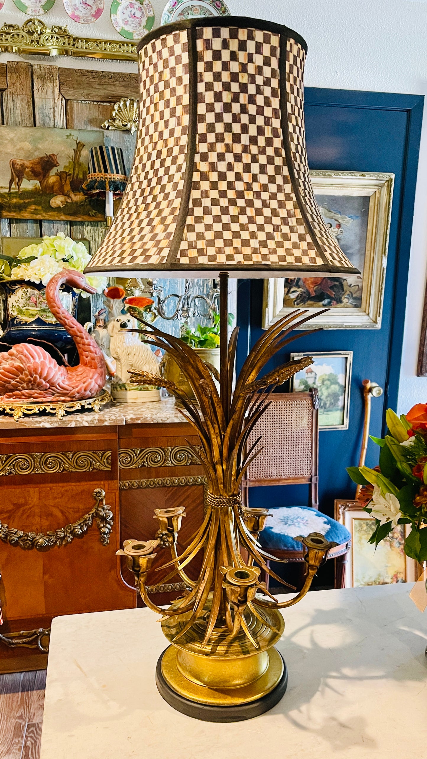 Vintage Italian Gilt Metal Wheat Sheath Lamp with Five Candle Arms | 41”