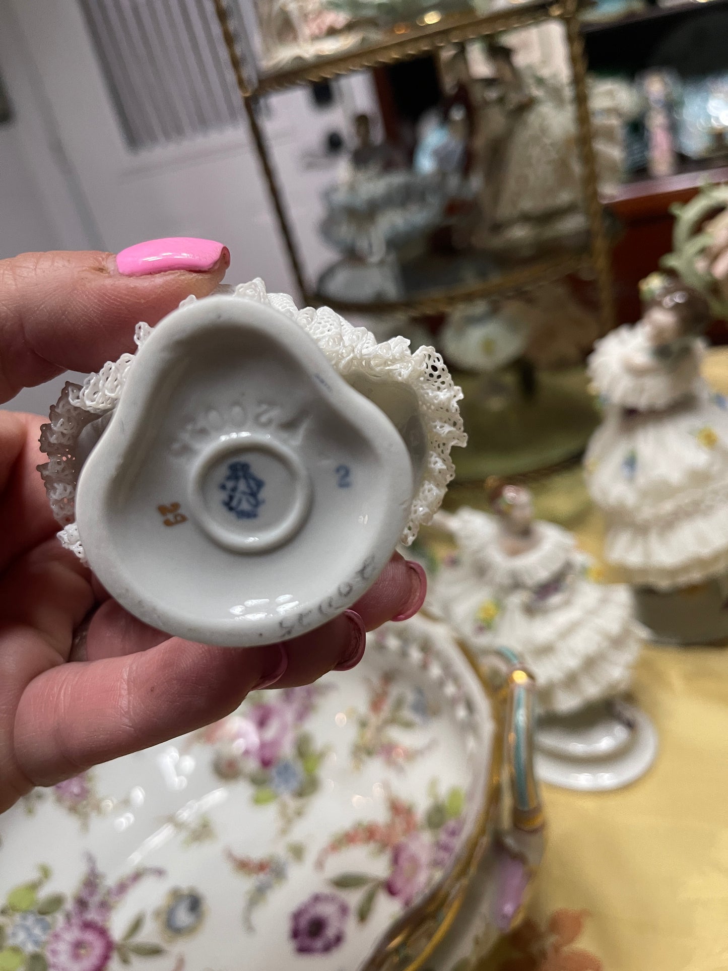 German Porcelain Dresden-Style Lace Dancer Figurine | Vintage European Porcelain