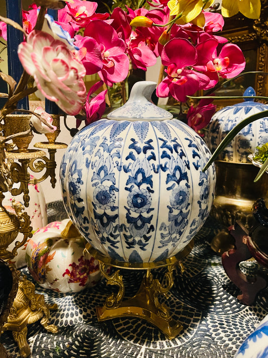 Blue and White Chinoiserie Lidded Pumpkin, Large