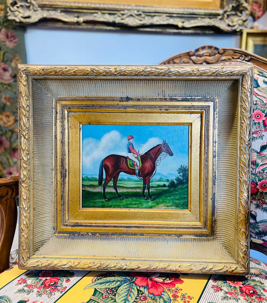 Vintage Equestrian Oil Painting – Jockey & Thoroughbred Horse, Gold Frame, Signed