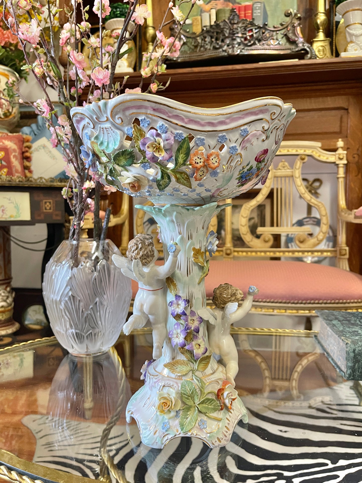 Antique Dresden Sitzendorf Figural Compote | 14” Rococo Cherub Centerpiece with Applied Flowers | c. 1900