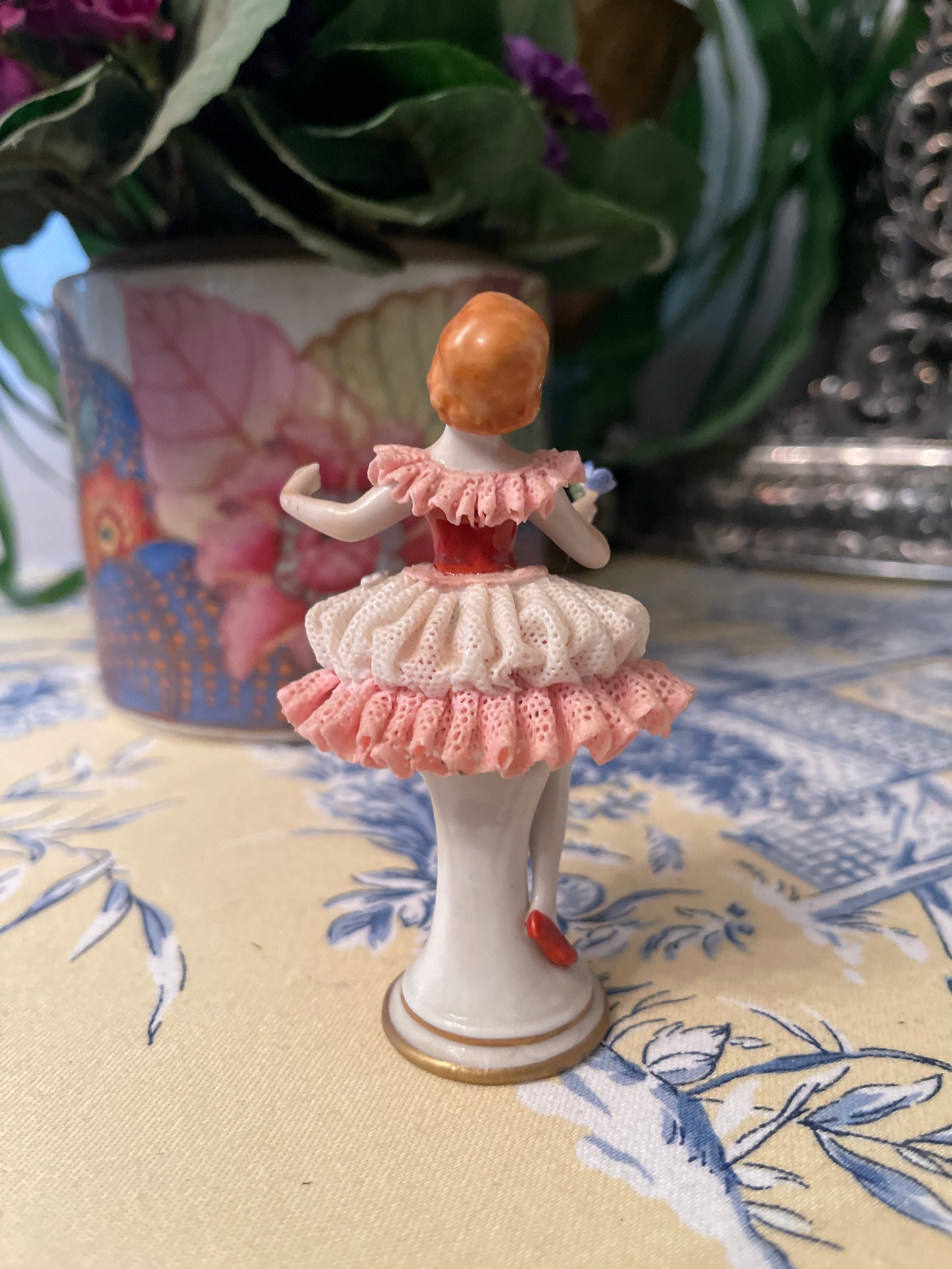 German Volkstedt  Porcelain Lace Ballerina Lady Holding Flower