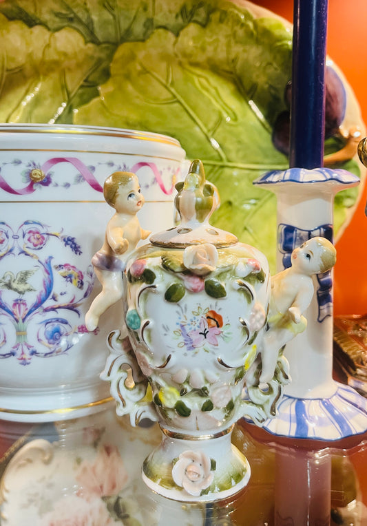 Vintage Rococo-Style Putti Porcelain Urn | Hand-Painted with Applied Flowers
