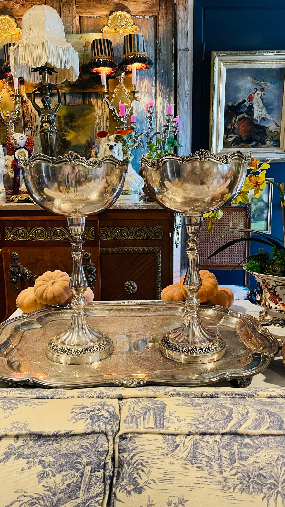 Pair of Vintage Silver-Plated Rococo Revival Pedestal Centerpiece Bowls, Estate Sourced