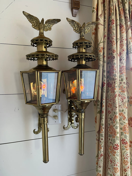 Pair of 20th Century Federalist American Brass Lanterns with Eagles