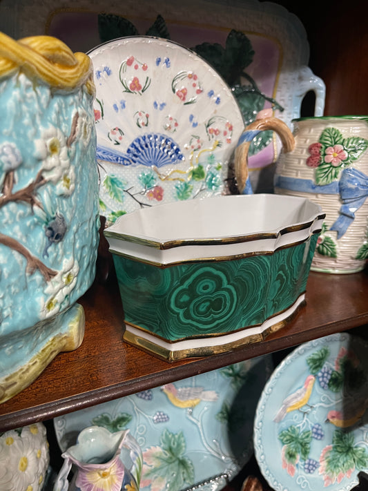 Vintage Green Malachite-Style Jardinière Planter | Gold Trim Cachepot