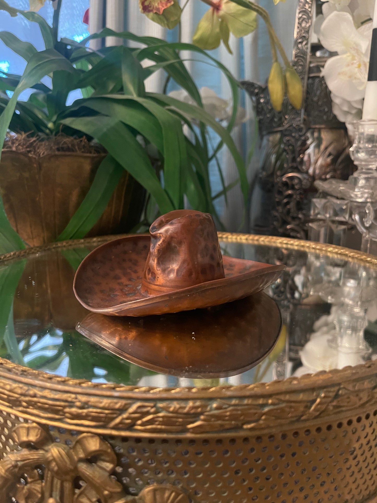 Vintage Hammered Copper Cowboy Hat, Round Top Favorite