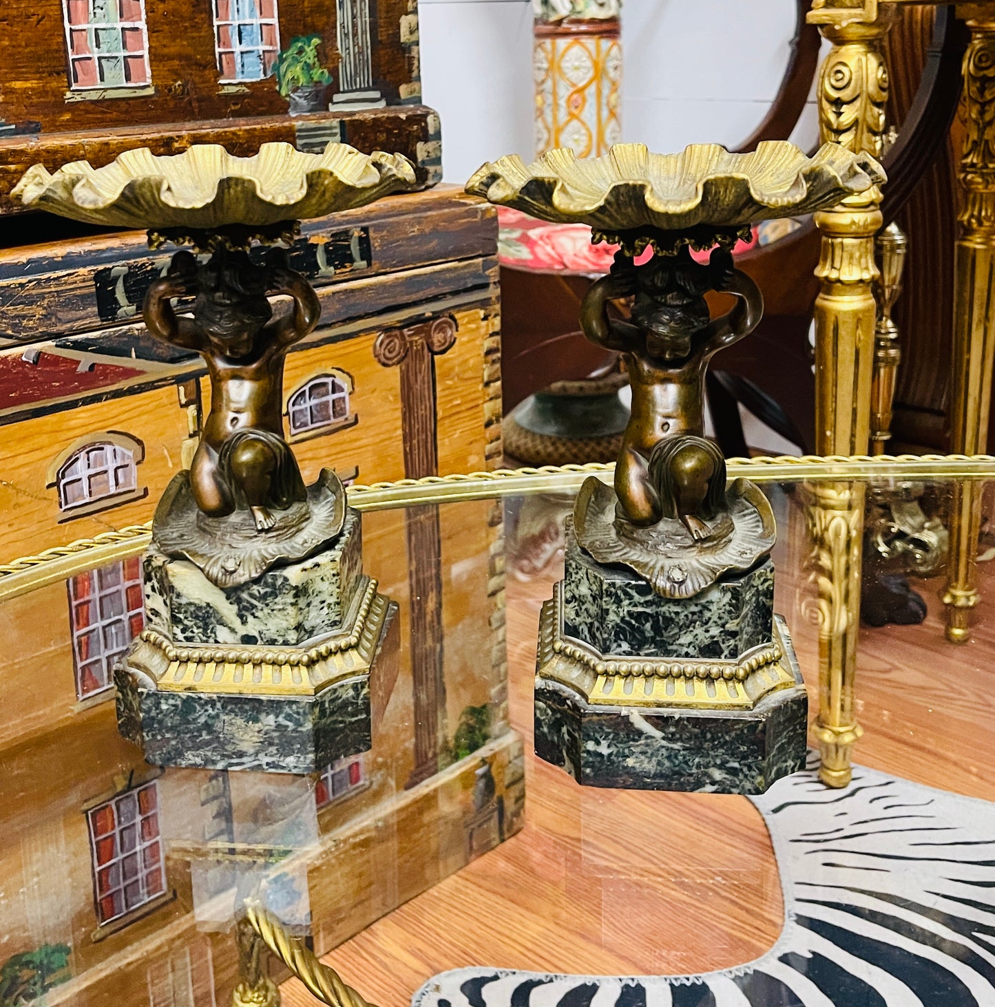 Antique Bronze & Marble Putti Tazzas — Pair, Estate Sourced Heirloom Decor