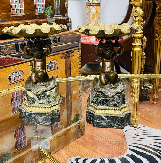 Antique Bronze & Marble Putti Tazzas — Pair, Estate Sourced Heirloom Decor