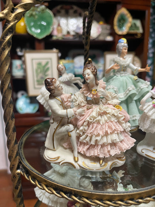 Vintage German Porcelain Dresden-Style Courting Couple in Pink and White | Lace Detail |