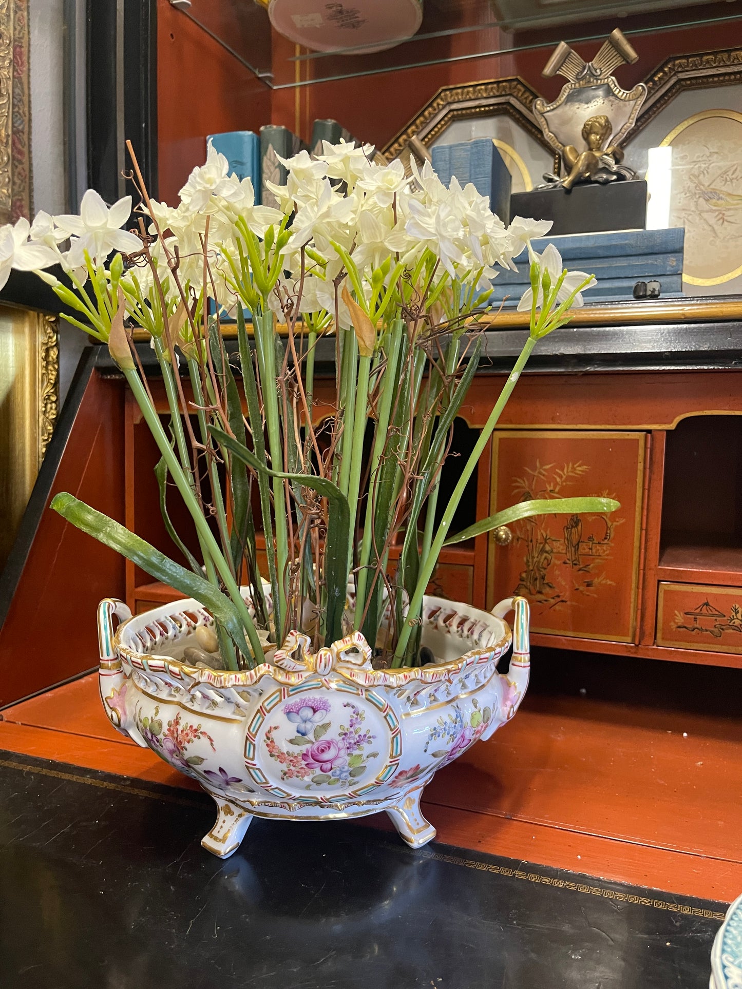 Vintage Meissen Footed Jardinière Bowl | Marked | Hand-Painted Floral Bouquets and Bow with Gilt Detail