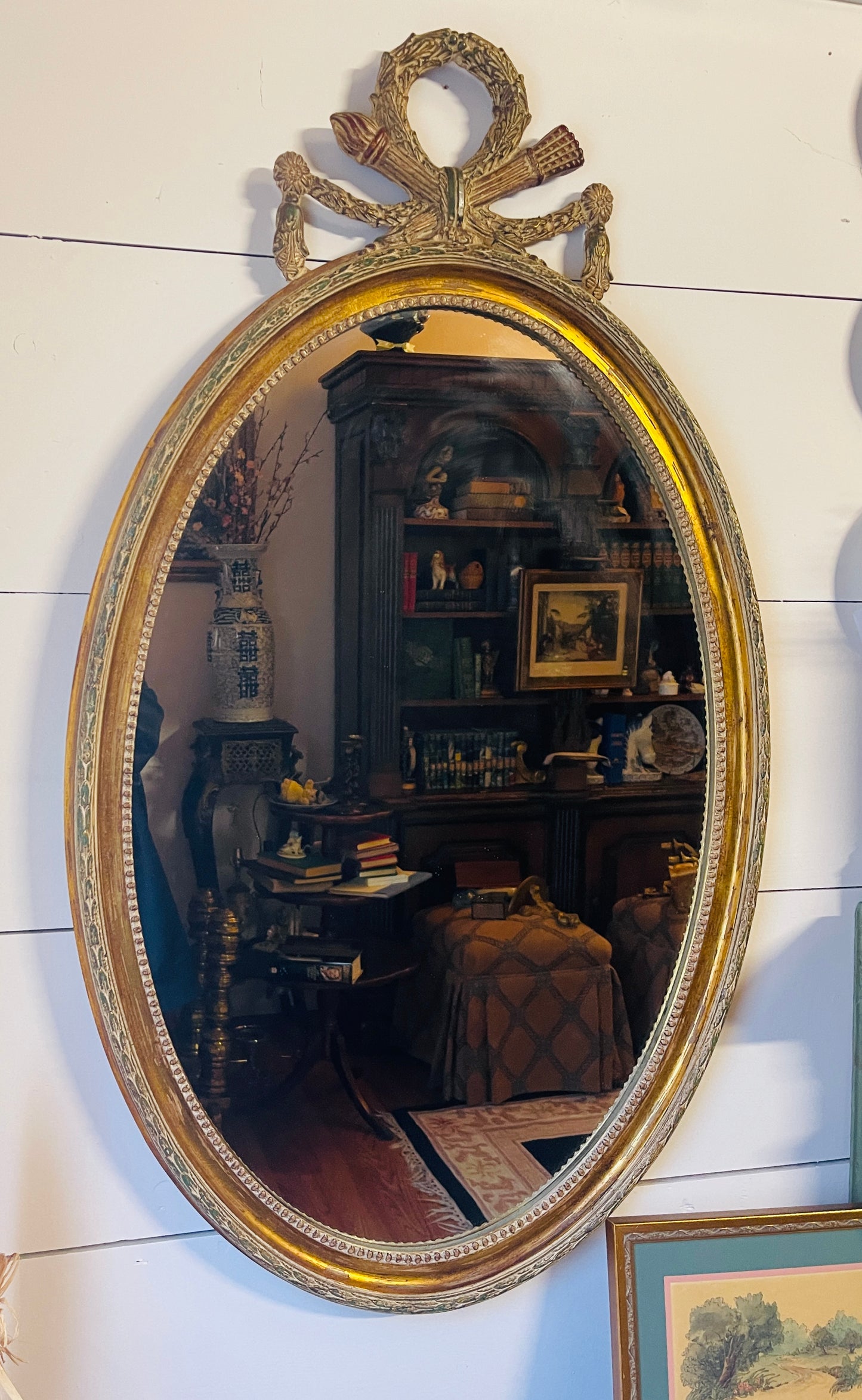 Vintage Empire Napoleon III Mirror with Carved Quiver and Torch, Laurel Wreath and Tassels, Jewel Toned Detail,