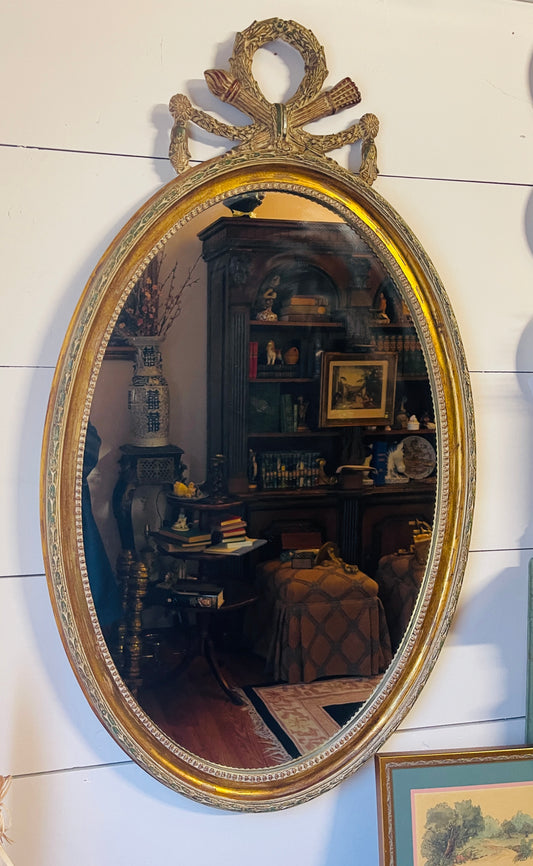 Vintage Empire Napoleon III Mirror with Carved Quiver and Torch, Laurel Wreath and Tassels, Jewel Toned Detail,