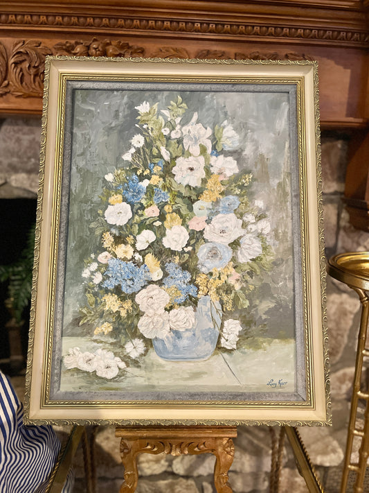 Vintage Painting of vased Flowers in Pink, Blue, White and Yellow