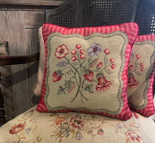 Floral Strawberry and Striped Needlepoint Pillow, Vintage